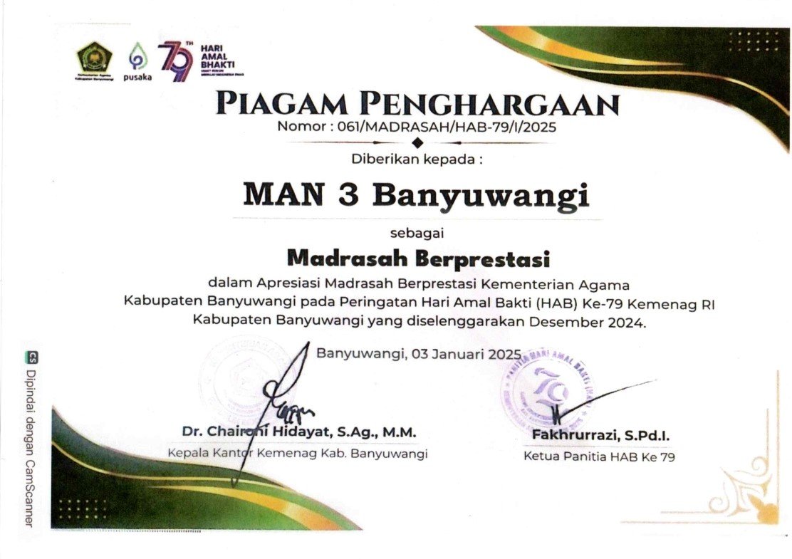 PIAGAM PENGHARGAAN MAN 3 BANYUWANGI SEBAGAI MADRASAH BERPRESTASI